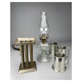 Candle Mold, Hurricane Lamp & 3 Pewter Tankards