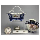 Floral Porcelain Vase, Basket, Tray, & Coasters