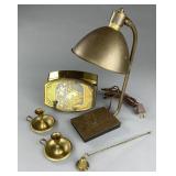 Brass Desk Lamp, Candy Box, Candlesticks & Snuffer