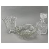 Fostoria Cube Vase, Cut Glass Bowl & Decanter