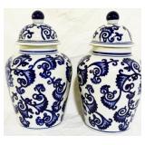 Pair 14" Blue & White Ginger Jars