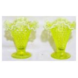 Pr Fenton Vaseline Glass Vases 5.5"