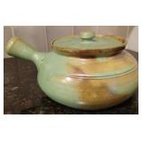 Pottery Handled Pot w/ Lid - Green Glaze