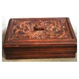 Carved Wood Box & Contents - 5" x 14" x 9"