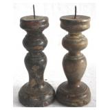 2 Wood Candle Holders - 7" Tall