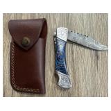 Custom Damascus Folding Knife w/ Sheath #2