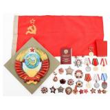 WWII - COLD WAR SOVIET MEDALS, FLAG & PLAQUE