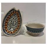 POLISH HANDMADE POTTERY SPOON REST AND SMALL
