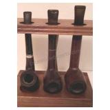 3 Tobacco Pipes on Display Holder
