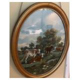 Vintage Pasture Scene Framed Oval Art Wood Frame