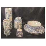 Asian themed blue and white porcelain dishes and