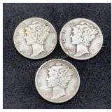 3 Mixed Date Denver Mint Silver Mercury Dimes