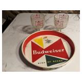 Budweiser beer tray, glasses (2)