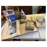 Patriotic lot, books, Betsy Ross colgne bottle,