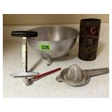 Vintage colander, chopper, juicer, baking powder