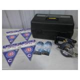 Cubs pennants, ear buds, saw (no battery)