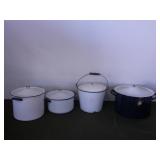 enamelware pots, lids, pail