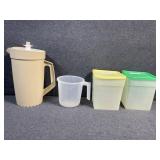 Tupperware, measuring cup and water pitcher