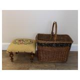 Vintage Foot Stool with Embroidery and Basket