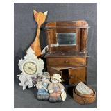 Antique Baby Doll Buffet, Wood Cat, Clock,