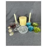 3 wick candle on glass, votive and candlestick she