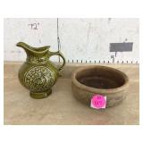 Vintage green McCoy pitcher with turkey design and wooden bowl
