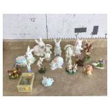 Collection of rabbit-themed figurines and decor