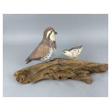 Hand Carved Mother & Baby Quail on Driftwood