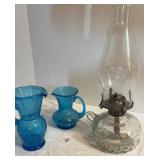 Oil Lamp & Blue Vases