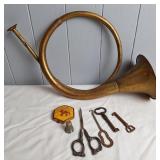 Brass Horn, Thimble, Skeleton Keys, Shoe Hook