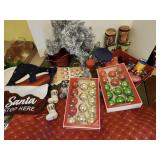 Christmas tins, ornaments, table runner