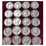 (20) 1942 Silver Mercury Dimes