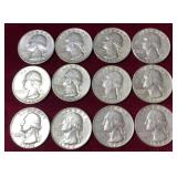 (12) 1964 Silver Washington Quarters