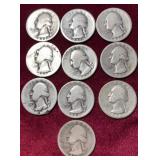 (10) 1937-38 Silver Washington Quarters