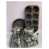 Stainless Creamer Set & Vtg Metal Bakeware