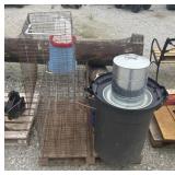 (AB) Animal Cages, Trash Can, Heated Buckets, And