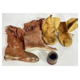 (E) Lot: Moccasin Boots, Felt Booties, & Leather