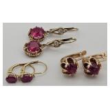 (D) 3 Pairs Of Ruby Gemstone & Gold Earrings.