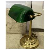 Green Glass Shade Brass Base Bankers Lamp, 15in