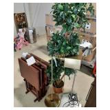 Artificial tree, two floor lamps, TV tray tables