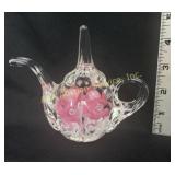 Joe St. Clair pink floral teapot art glass