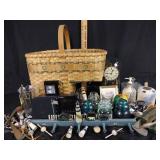 Anniversary clock, Christmas ornaments, basket,