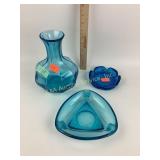 (3) blue glass items - retro ashtrays, Indiana