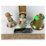 Porcelain figurines, pocket knife, brass bell