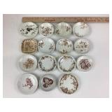 (15) English brown transferware butter pats