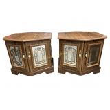 Pair of octagonal wood side tables with mirrored