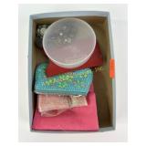 Costume jewelry, sewing kit, thimble, coin purse,