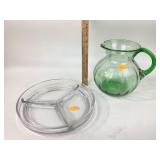 Green glass drinking pitcher, clear glass