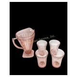 Pink Depression glass:  pitcher and 4 tumblers