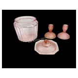 Pink Depression glass:  cracker/cookie jar with